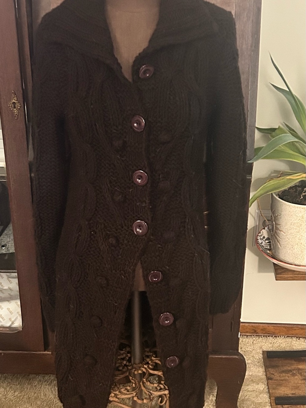 Dark Brown Cable Knit Button-Front Women's Sweater Coat Lapis large Chunky